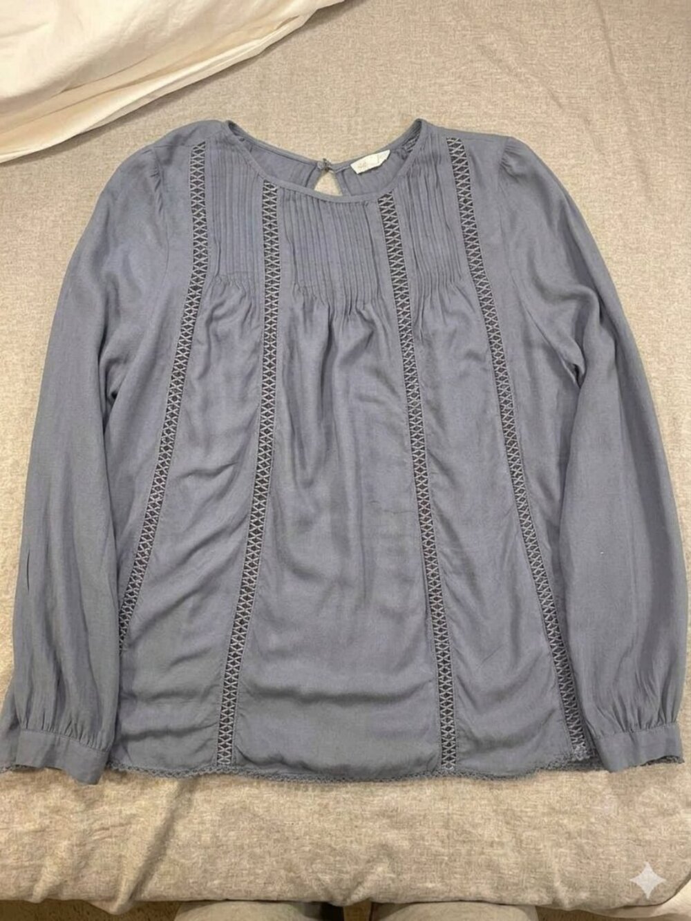 Gentle Fawn-Slate Blue Pintuck Pleated Ladder Lace Peasant Blouse-SIZE SMALL 